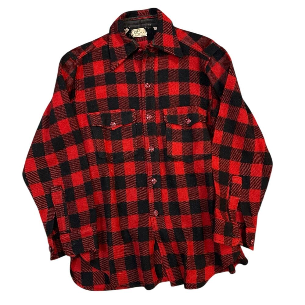 Vtg LL Bean Wool Shirt Mens Small Red Black Script Label 60's US Rustic Outdoors